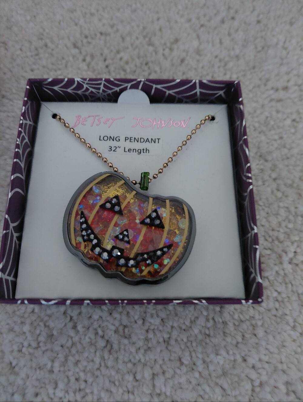 Betsey Johnson Orange and Black Jack-o'-Lantern Pendant Necklace